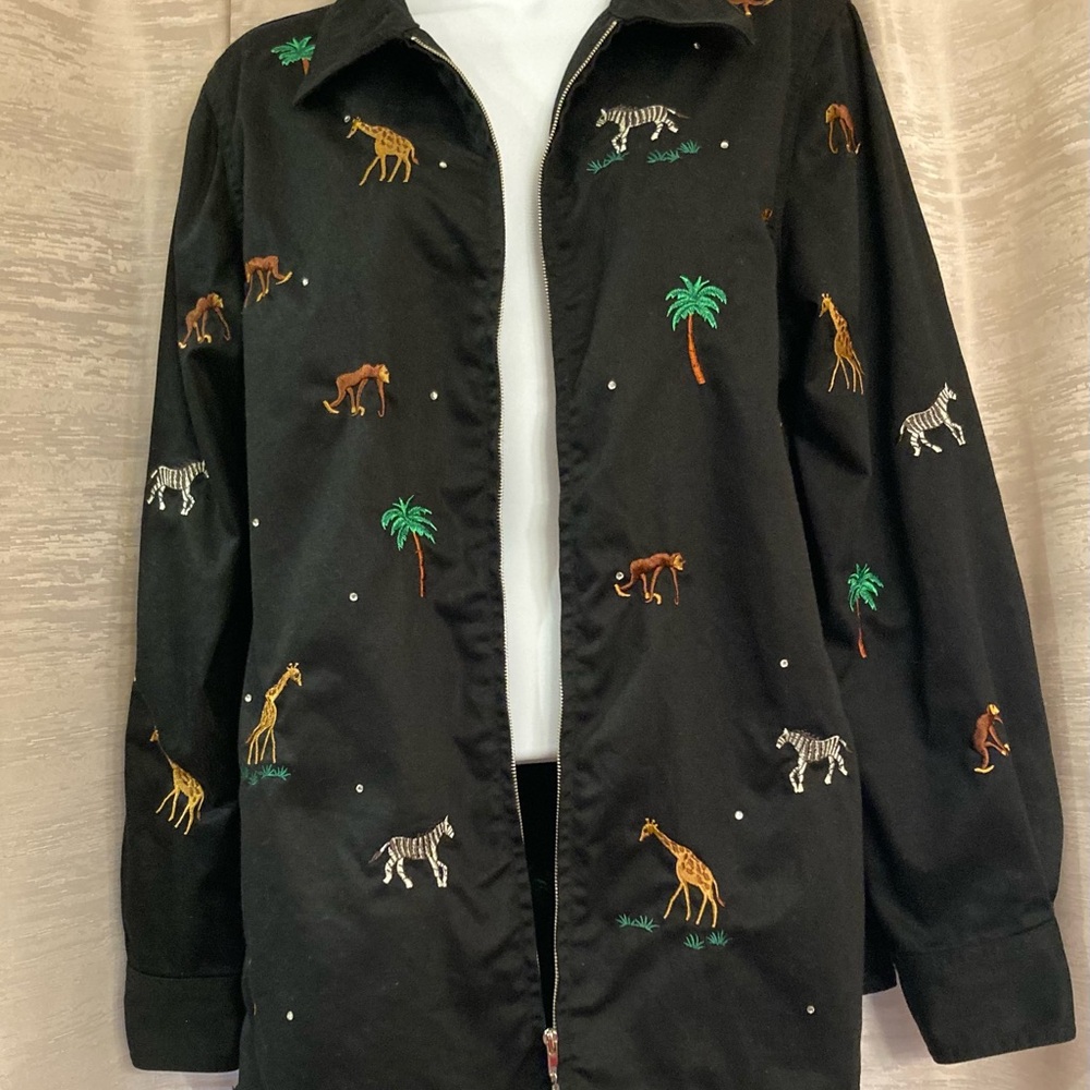 The Quacker Factory Black Safari Animals Embroidered Jacket Full Zip Small